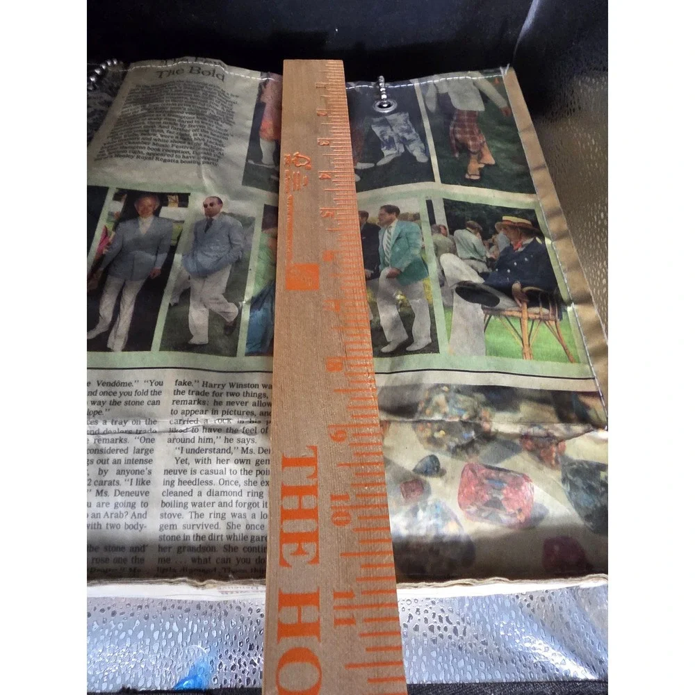 Vintage Y2K Newspaper Print Coated Tote Bag Silver Ball Chain Handle Shopper
